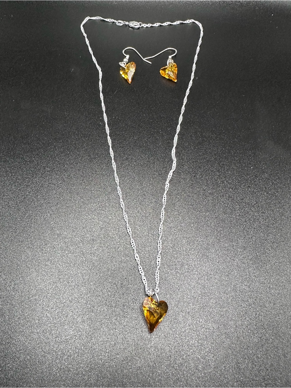 Handmade Amber Crystal Heart Necklace & Earrings Set 925 18”